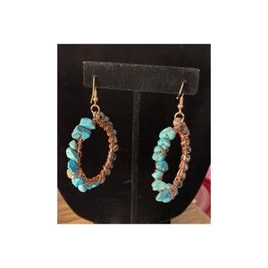🌟Hand Crafted Beaded Wire Wrapped Pierced Earrings with Turquoise Chip Be…